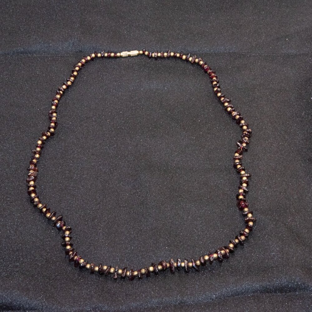 Vintage 24" Garnet Chip and Brass Ball Necklace